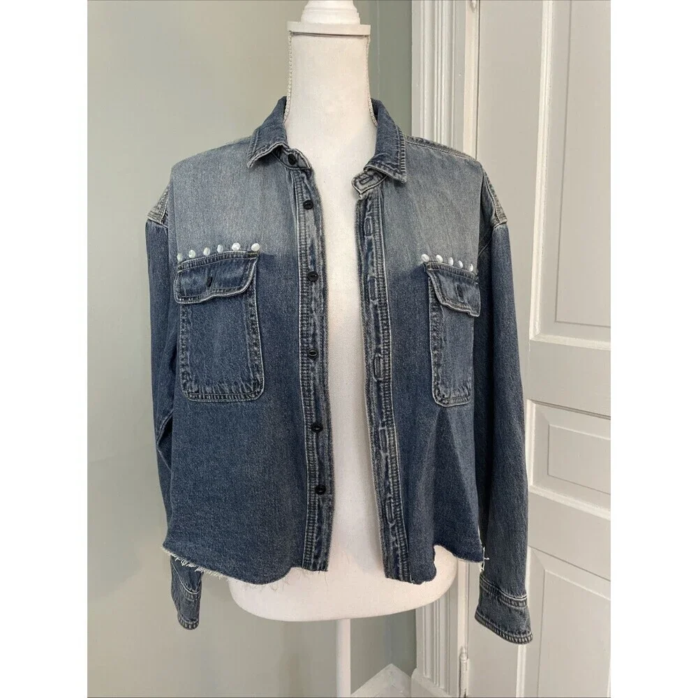 Rebecca Minkoff Jean Jacket Denim‎ Shirt Crop Raw Hem Jewels Medium